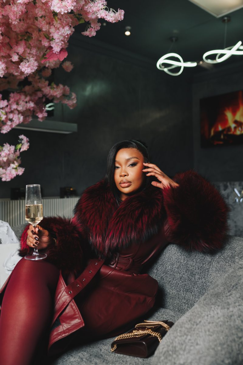 Burgundy leather faux fur belted  coat