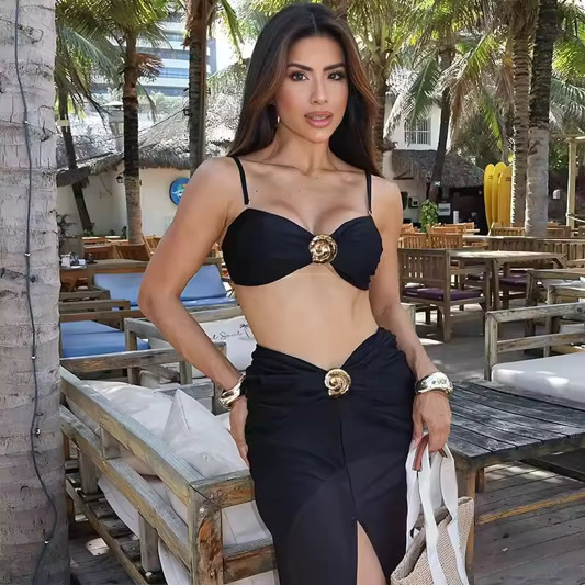 Black two piece with gold circle swimwear