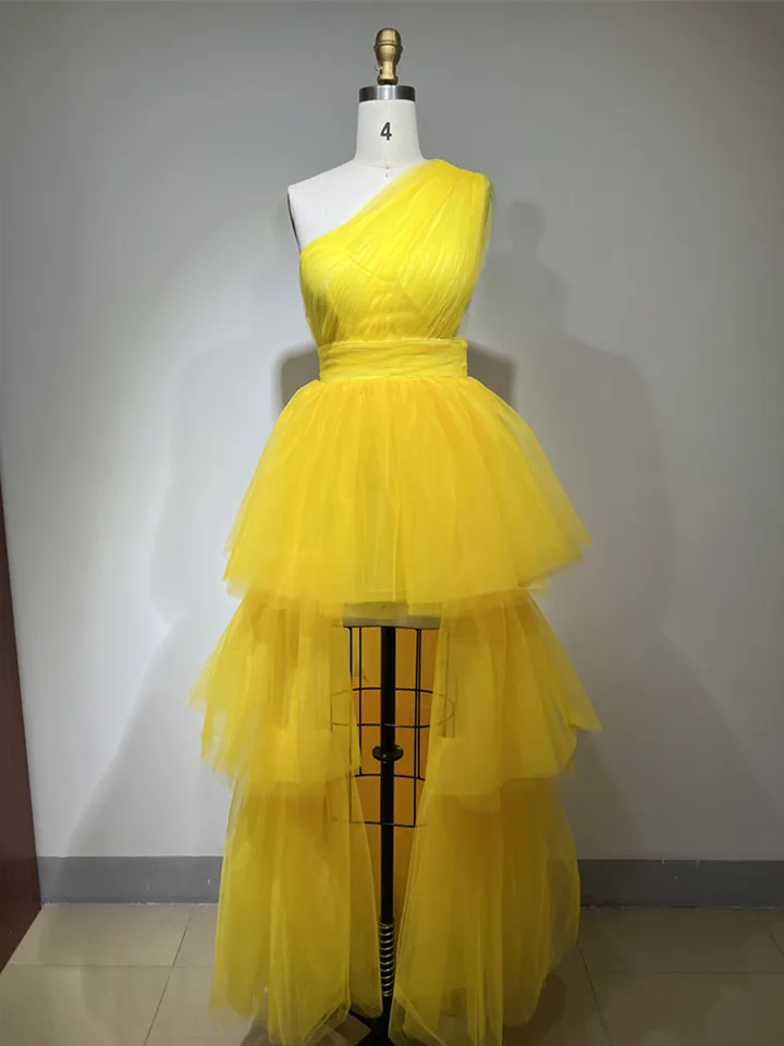 One Shoulder Mesh Pleated Yellow Dress - Image 4
