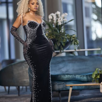 Strapless Velvet Pearl Dress with Gloves