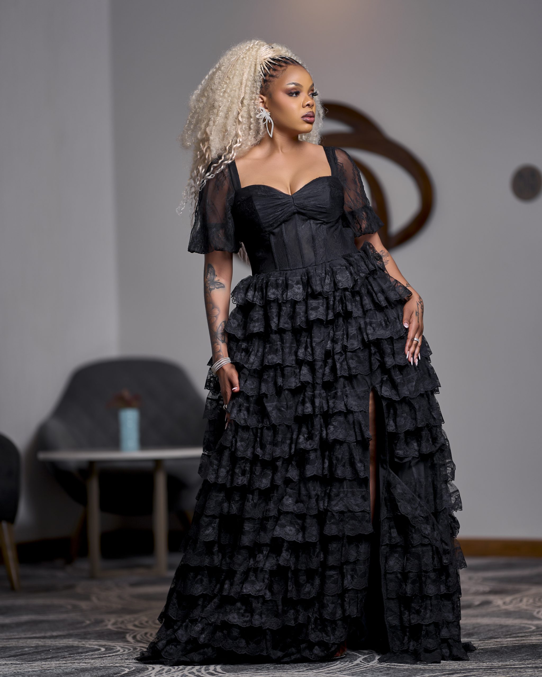 Black Long Mesh Off-Shoulder High Slit Party Dress - Image 4