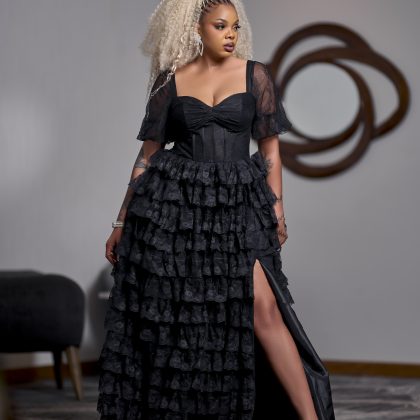 Black Long Mesh Off-Shoulder High Slit Party Dress