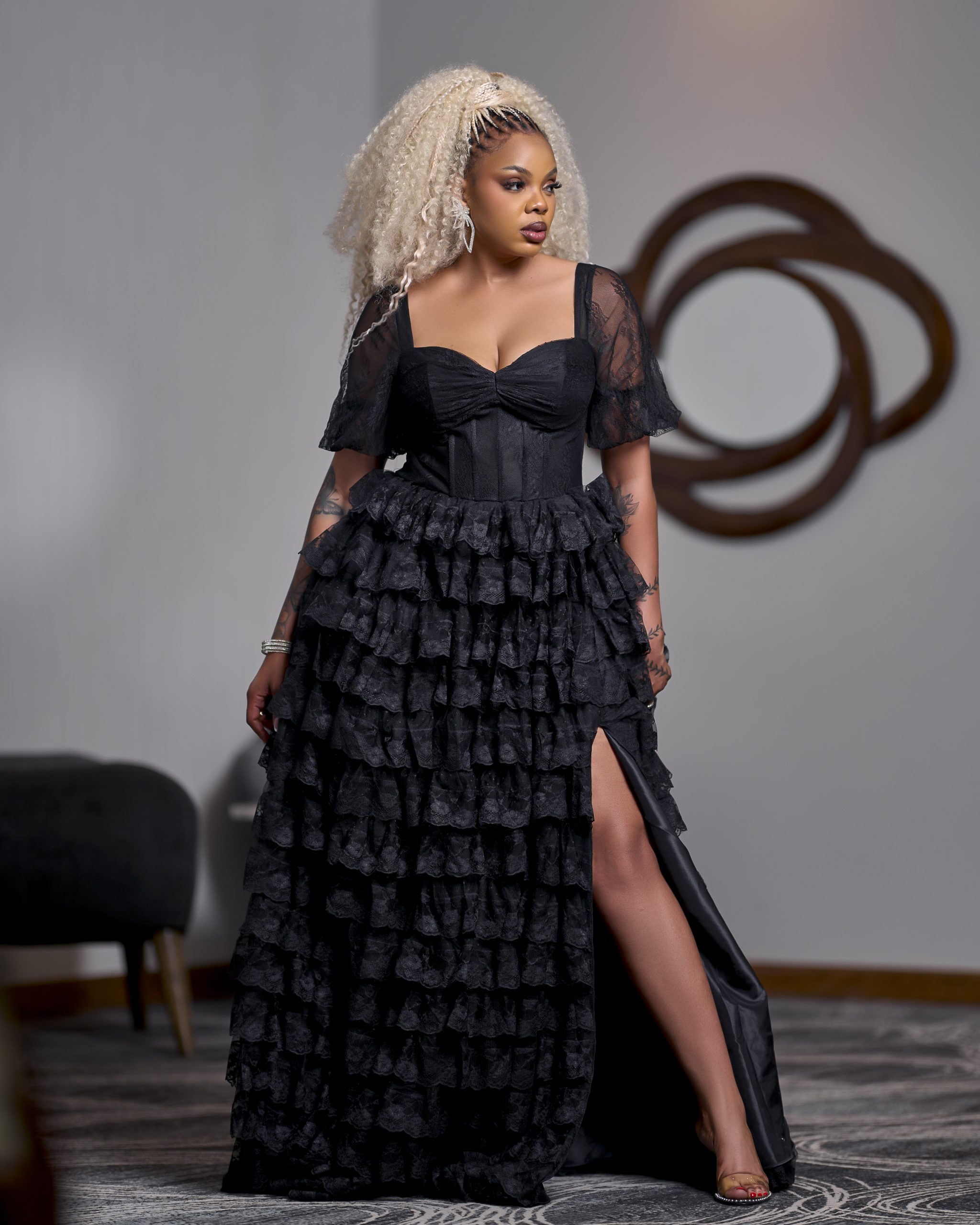 Black Long Mesh Off-Shoulder High Slit Party Dress