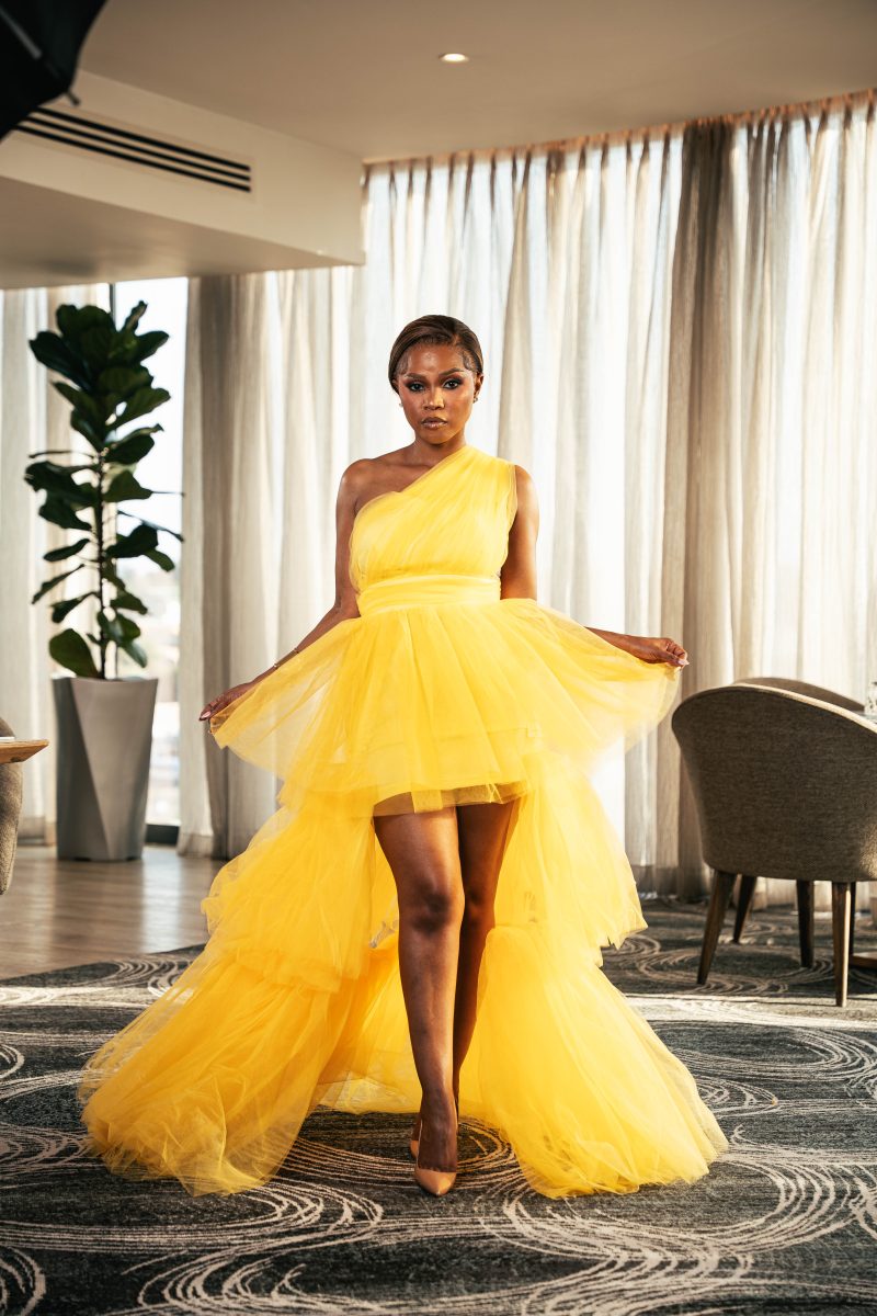One Shoulder Mesh Pleated Yellow Dress - Image 2