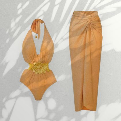 Cream Two Piece With Bodysuit & Coverup Beachwwear