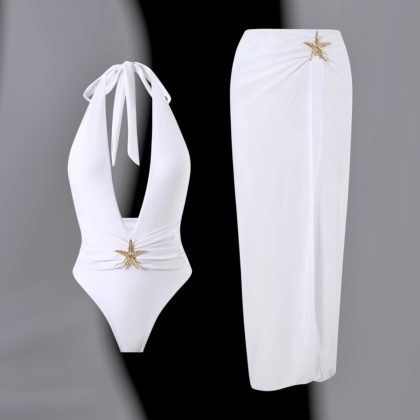 White two piece bodysuit & coverup beachwear