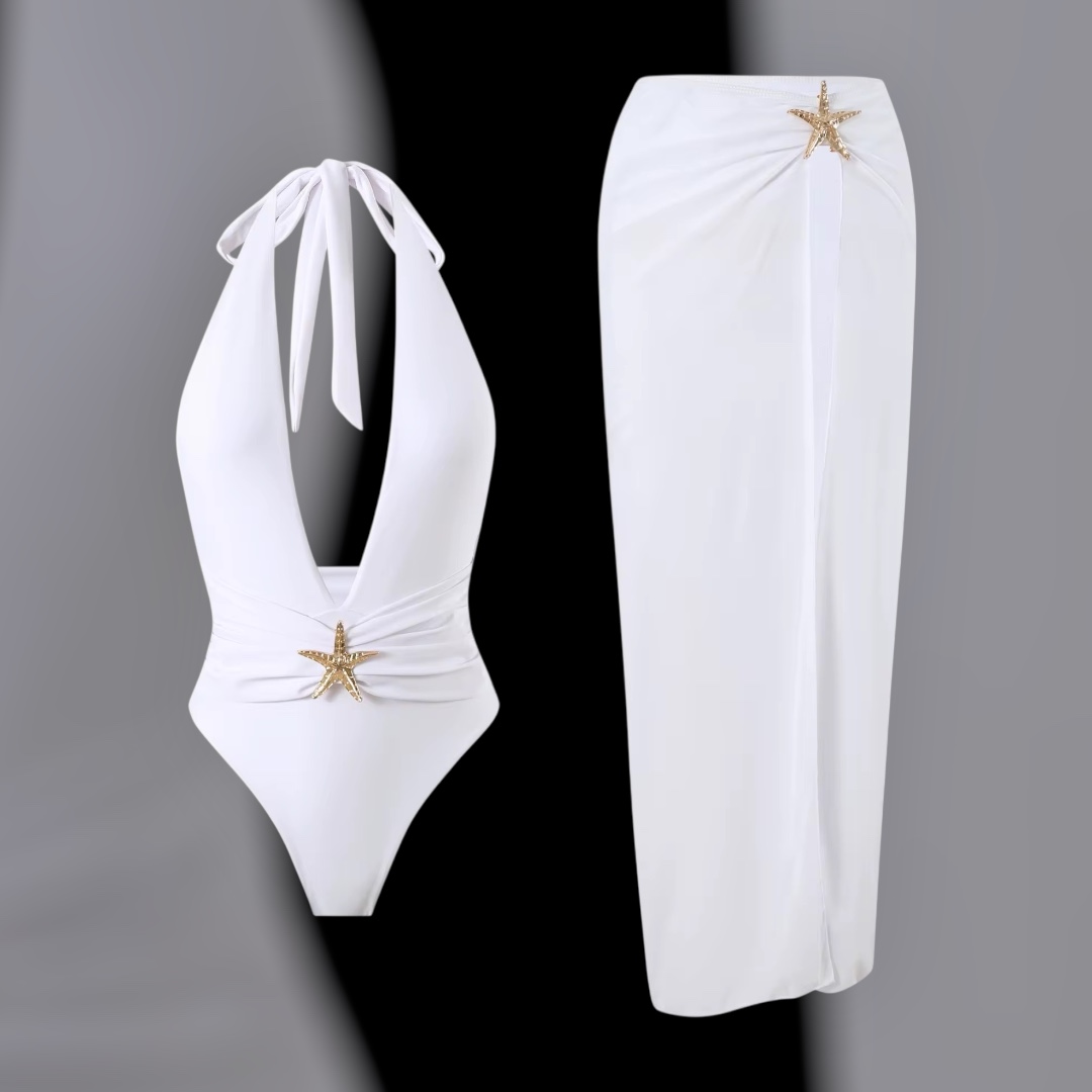 White two piece bodysuit & coverup beachwear
