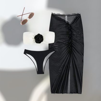 Black and white two piece with mesh coverup beach wear