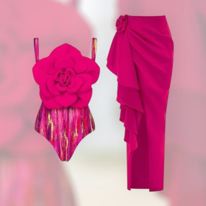 Pink with floral Two Piece With Bodysuit & Coverup Beachwear