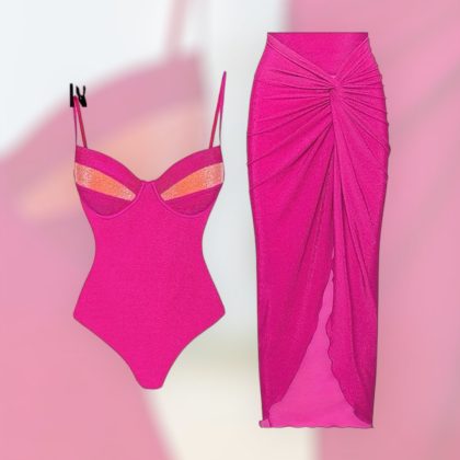 Pink Mesh Two Piece With Bodysuit & Coverup Beachwwear