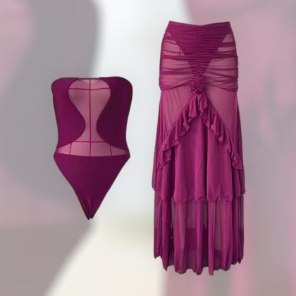 Burgundy Mesh Two Piece With Bodysuit & Coverup Beachwear