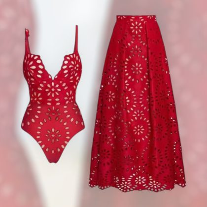 Red  Two Piece With Bodysuit & Coverup Beachwear