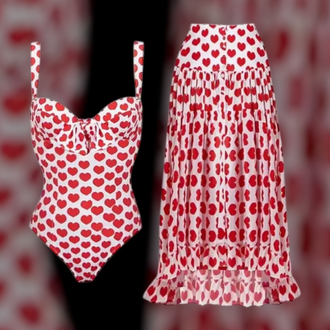 Red Poker Dot two piece bodysuit & coverup beachwear