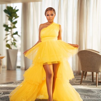 One Shoulder Mesh Pleated Yellow Dress