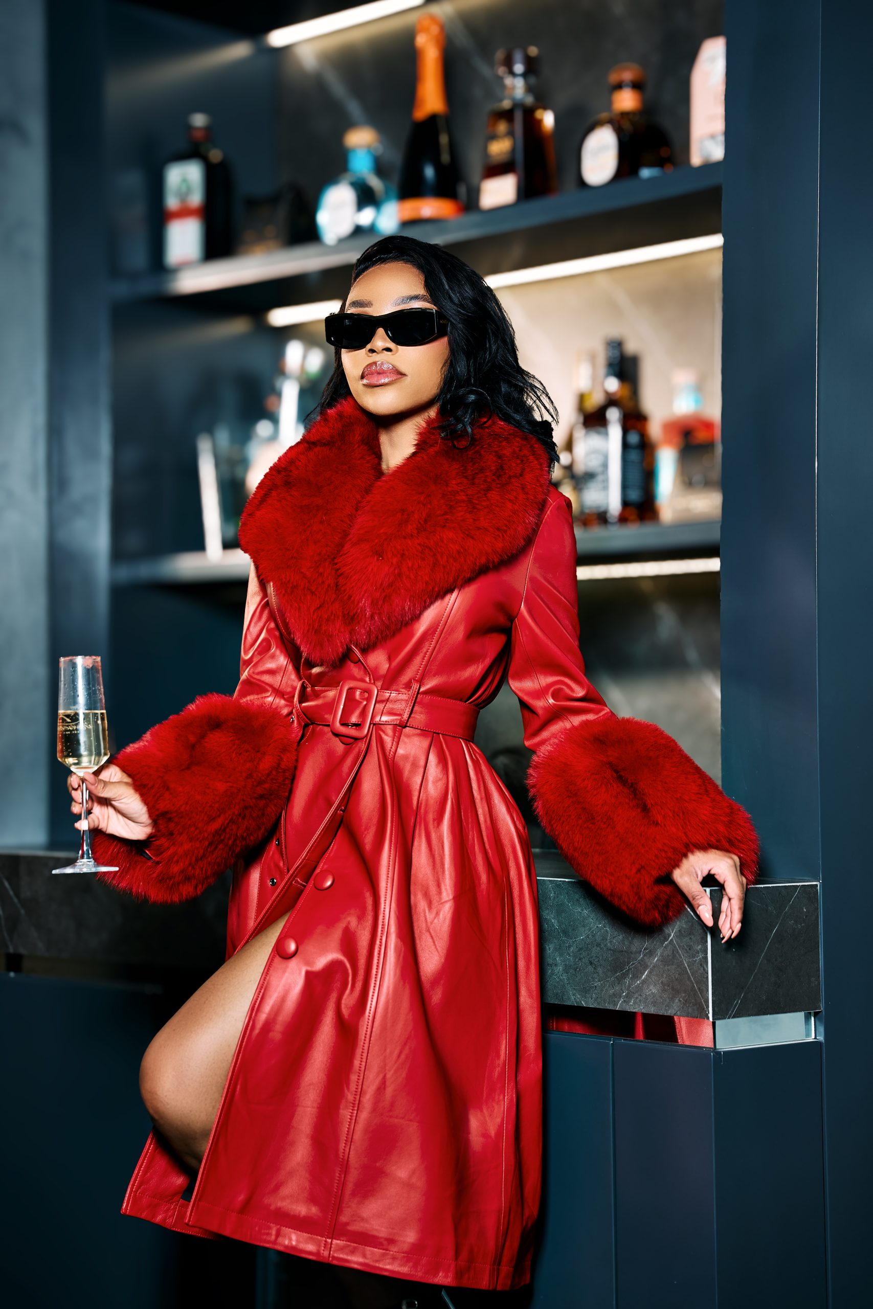 The Red Velvet leather Fur Coat